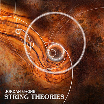 Orange spiral shapes with white text, 'string theories'